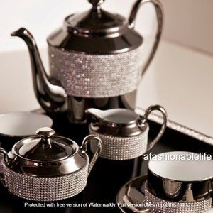 12pc Sophie Villepigue Paris TEA/COFFEE SET, PLATINUM PORCELAIN SWAROVSKI FRANCE